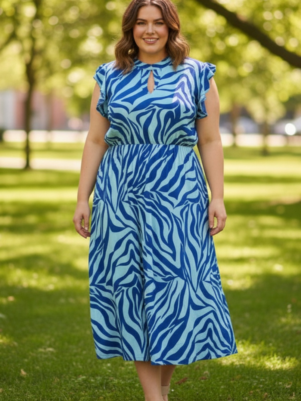 Love Is All Blue Abstract Print Flutter Sleeve Midi Dress - XL